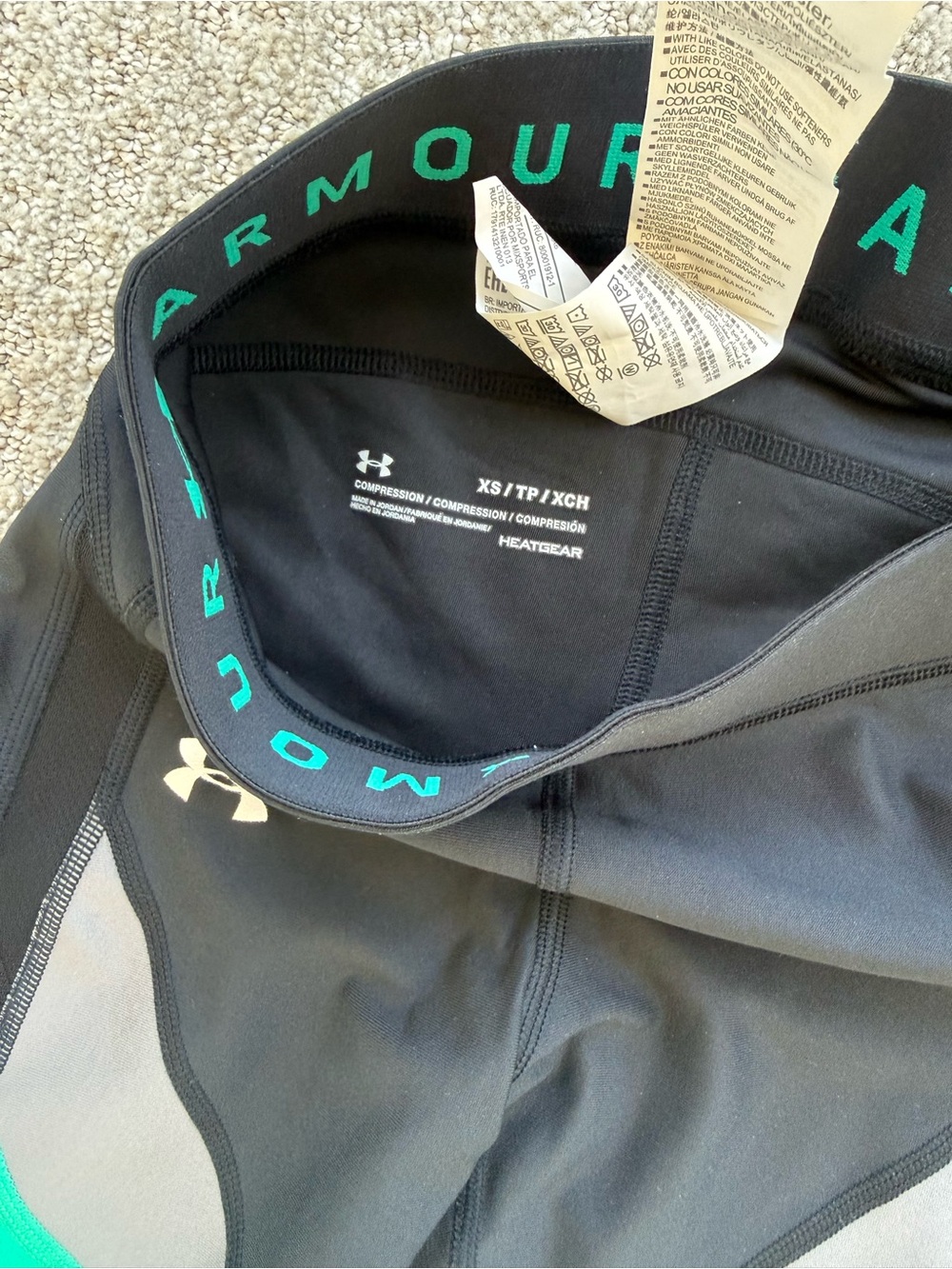 Under Armour Black & Teal Colorblock Athletic Leggings with Gray Panels - Picture 2 of 4